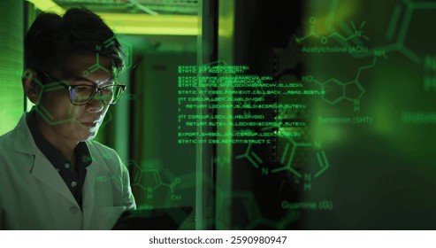 Image of element diagram and data processing over asian male technician working in server room. Connection, research, ai, digital interface, data and communication, digitally generated image.