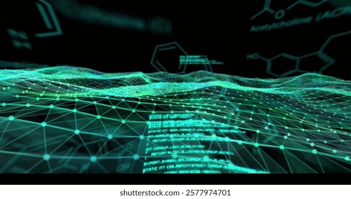 Image of element diagrams and data processing over glowing green network waves. Connection, data, science, network, digital interface and communication, digitally generated image. - Powered by Shutterstock - Get 15% off with code: PIKWIZARD15
