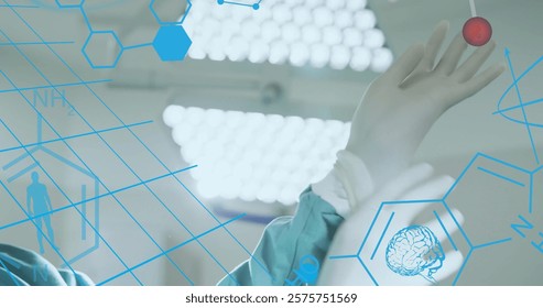 Image of element structures surgeon putting on gloves in operating theatre. Data, digital interface, connection, surgery, hygiene, preparation, hospital and healthcare, digitally generated image.