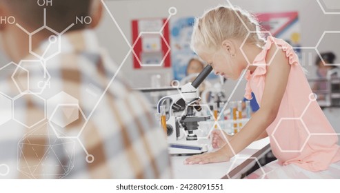 Image of elemental diagrams over smiling caucasian schoolgirl using microscope in science class. Science, school, education, childhood and learning, digitally generated image. - Powered by Shutterstock