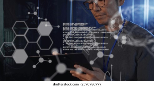 Image of elements, brains and data processing over asian male technician working in server room. Connection, research, ai, digital interface, data and communication, digitally generated image.