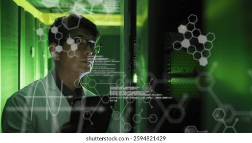 Image of elements, charts and data processing over asian male technician working in server room. Connection, research, ai, digital interface, data and communication, digitally generated image.