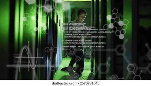 Image of elements, charts and processing data over asian male technician working in server room. Connection, research, ai, digital interface, data and communication, digitally generated image.