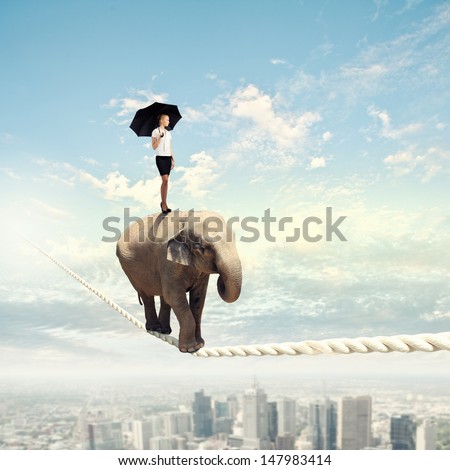 Image of elephant walking on rope high in sky