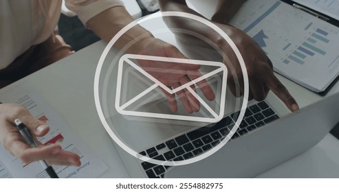 Image of email icon and data processing over diverse business people in office. Global finance, business, connections, computing and data processing concept digitally generated image. - Powered by Shutterstock - Get 15% off with code: PIKWIZARD15