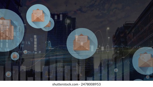 Image of email icons and data processing over cityscape. Global business, finance, computing and data processing concept digitally generated image.