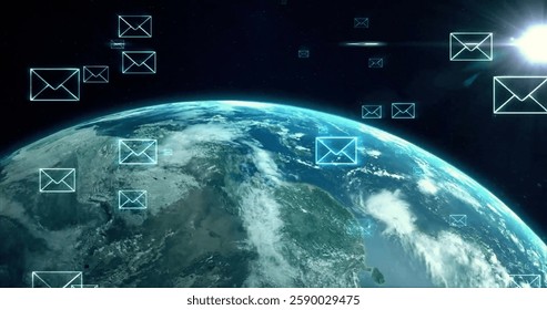 Image of email icons, digital data processing over globe. Global connections, computing and data processing concept digitally generated image.