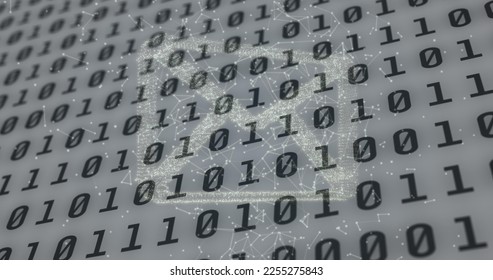 Image of email over binary code on grey background. global connections, data processing and technology concept digitally generated image.