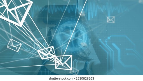 Image of emails and data processing over caucasian woman with vr headset. Network, communication and technology concept digitally generated image. - Powered by Shutterstock - Get 15% off with code: PIKWIZARD15