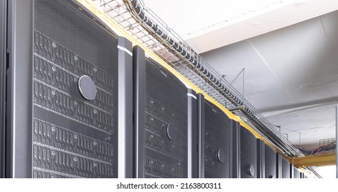 Image of empty corridor with row of computer servers. global technology, data processing and connections concept.