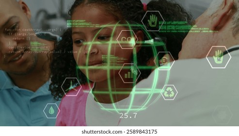 Image of energy icons and data processing over happy biracial schoolchildren. Education, environment, digital interface, connection and communication, digitally generated image.