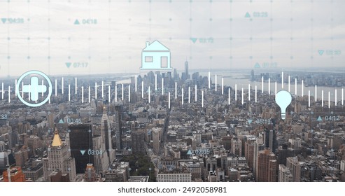 Image of energy icons and processing data over cityscape. Data, digital interface, connection, processing, finance, business and communication, digitally generated image. - Powered by Shutterstock - Get 15% off with code: PIKWIZARD15