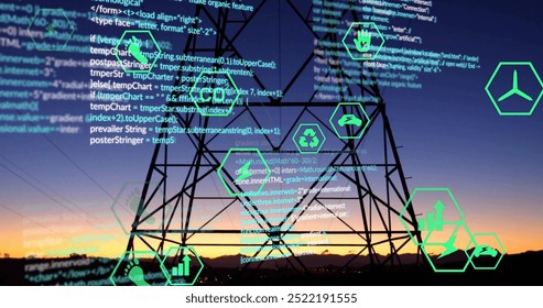 Image of energy icons and processing data over electric pylon in sunset landscape. Network, energy, ecology, digital interface, science, research and communication, digitally generated image
