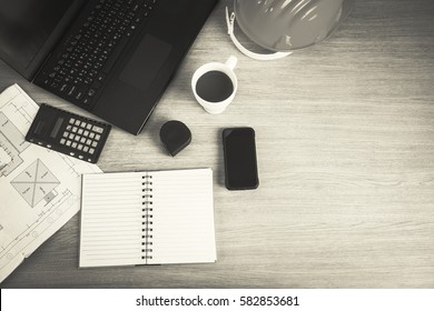 Image of engineering objects on workplace. Construction concept. black and white tone