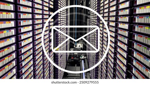 Image of envelope and circle over server room. Global business, technology and digital interface concept digitally generated image.