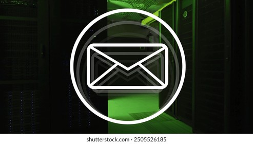 Image of envelope email icon over dark computer server room. Digital interface, data, network, connection and communication, digitally generated image. - Powered by Shutterstock