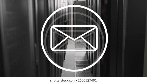 Image of envelope email icon over computer server room. Data, digital interface, connection and communication, digitally generated image.