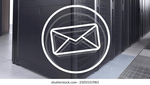 Image of envelope email icon over computer server room. Digital interface, data, network, connection and communication, digitally generated image.