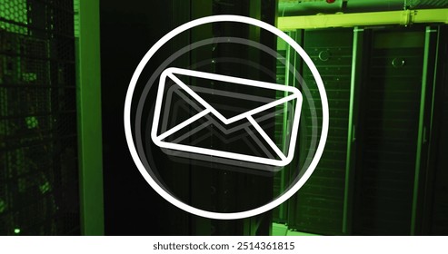 Image of envelope email icon over dark computer server room. Digital interface, data, network, connection and communication, digitally generated image. - Powered by Shutterstock