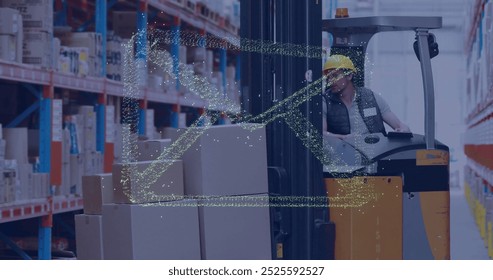 Image of envelope icon and digital data processing over caucasian man working in warehouse. Global shipping, connections, computing and data processing concept digitally generated image.