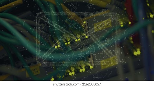 Image of envelope icon over server room. global business, finances, connections and digital interface concept digitally generated image.