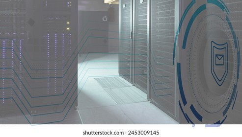 Image of envelope and shield in loading circles over server room. Digital composite, protection, security, network security, data center, networking, technology and network server concept.