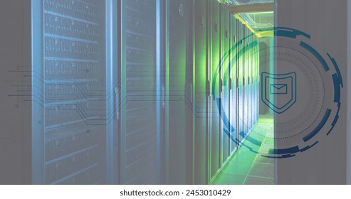 Image of envelope and shield in loading circles over server room. Digital composite, protection, security, network security, data center, networking, technology and network server concept.