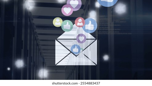 Image of envelope with social media icons and light trails over server room. Global technology, computing and digital interface concept digitally generated image. - Powered by Shutterstock