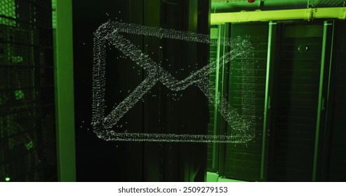 Image of envelope and spots over server room. Global business, technology and digital interface concept digitally generated image.