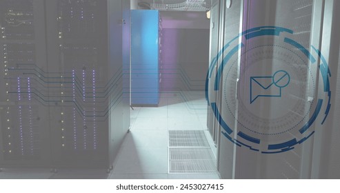 Image of envelope and stop symbol over illuminated data server racks in server room. Digital composite, sig, message, data center, networking, technology and network server concept. - Powered by Shutterstock - Get 15% off with code: PIKWIZARD15