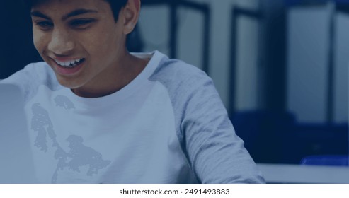 Image of equations and data processing over caucasian female student studying. Global education, learning, school, digital interface and data processing concept digitally generated image.