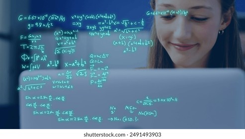 Image of equations and data processing over caucasian female student studying. Global education, learning, school, digital interface and data processing concept digitally generated image. - Powered by Shutterstock - Get 15% off with code: PIKWIZARD15