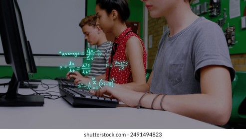 Image of equations and data processing over diverse school children. Global education, learning, school, digital interface and data processing concept digitally generated image.
