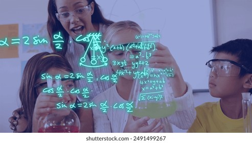 Image of equations and data processing over diverse school children. Global education, learning, school, digital interface and data processing concept digitally generated image.