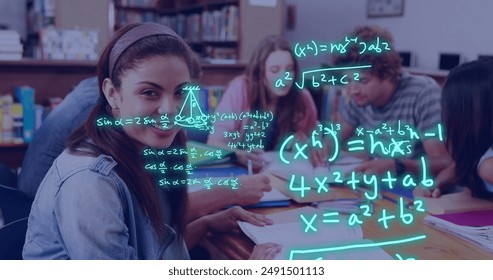 Image of equations and data processing over diverse students. Global education, learning, school, digital interface and data processing concept digitally generated image. - Powered by Shutterstock