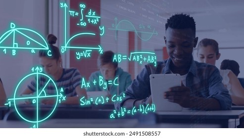 Image of equations and data processing over diverse students. Global education, learning, school, digital interface and data processing concept digitally generated image. - Powered by Shutterstock