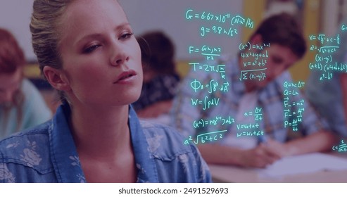Image of equations and data processing over caucasian female student. Global education, learning, school, digital interface and data processing concept digitally generated image. - Powered by Shutterstock - Get 15% off with code: PIKWIZARD15