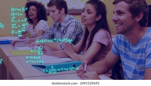 Image of equations and data processing over diverse students. Global education, learning, school, digital interface and data processing concept digitally generated image.