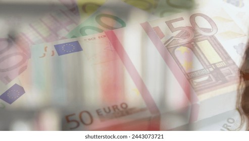 Image of Euro bills over Caucasian woman wearing face mask. Coronavirus Covid-19 pandemic concept digital composite - Powered by Shutterstock