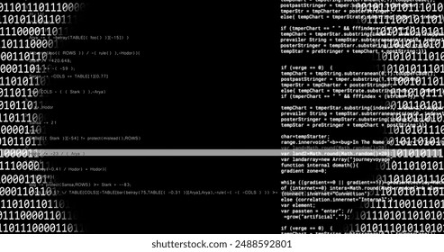 Image of expanding ring of binary data over text data processing on black background. Connection, data, processing, digital interface and communication, digitally generated image.