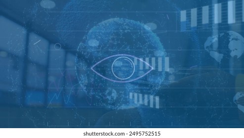 Image of eye, graphs, loading circles and globes over empty warehouse. Digital composite, multiple exposure, report, business, progress, globalization and distribution concept. - Powered by Shutterstock - Get 15% off with code: PIKWIZARD15