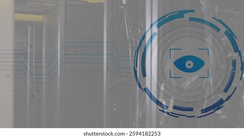 Image of eye icon and digital data processing over computer servers. Global cyber security, connections, computing and data processing concept digitally generated image.