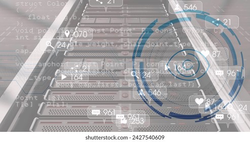 Image of eye icon over data processing and server room. Social media and digital interface concept digitally generated image.