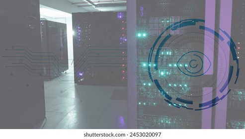 Image of eye in loading circles over illuminated data server racks in server room. Digital composite, surveillance, data center, networking, technology and network server concept.