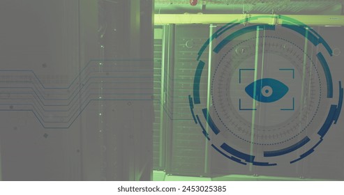 Image of eye in viewfinder with loading circles over illuminated server racks in server room. Digital composite, surveillance, data center, networking, technology and network server concept.