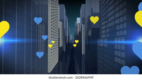 Image of failing hearts and lights over cityscape. global business, finances, data processing and digital interface concept digitally generated image.