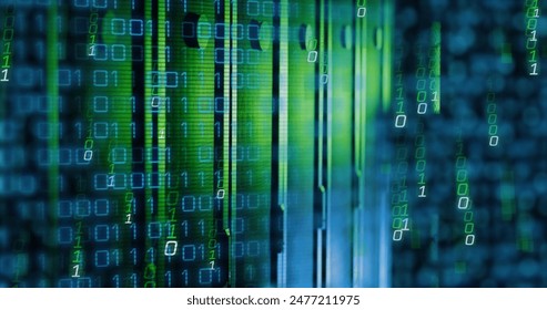 Image of falling binary codes over data server racks in server room. Digital composite, computer language, data center, networking, technology and network server concept.