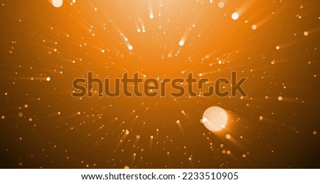 Image of falling confetti and light rays over orange background. Background, lights and movement concept digital generated image.