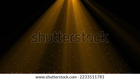 Image of falling confetti and light rays over black background. Background, lights and movement concept digital generated image.