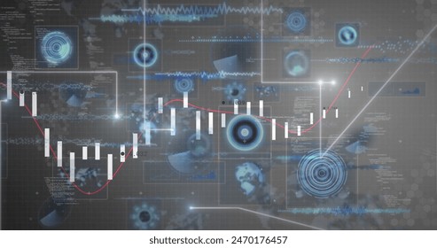Image of falling dots forming lines, programming language and graphs over infographic interface. Digitally generated, hologram, report, data, finance, geometric shape and investment concept.